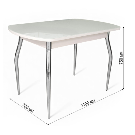 Стол ПГ-01 СТ 1100(1420)*700, ЛДСП Белое, Стекло Белое/нога ГНУТАЯ хром 4
